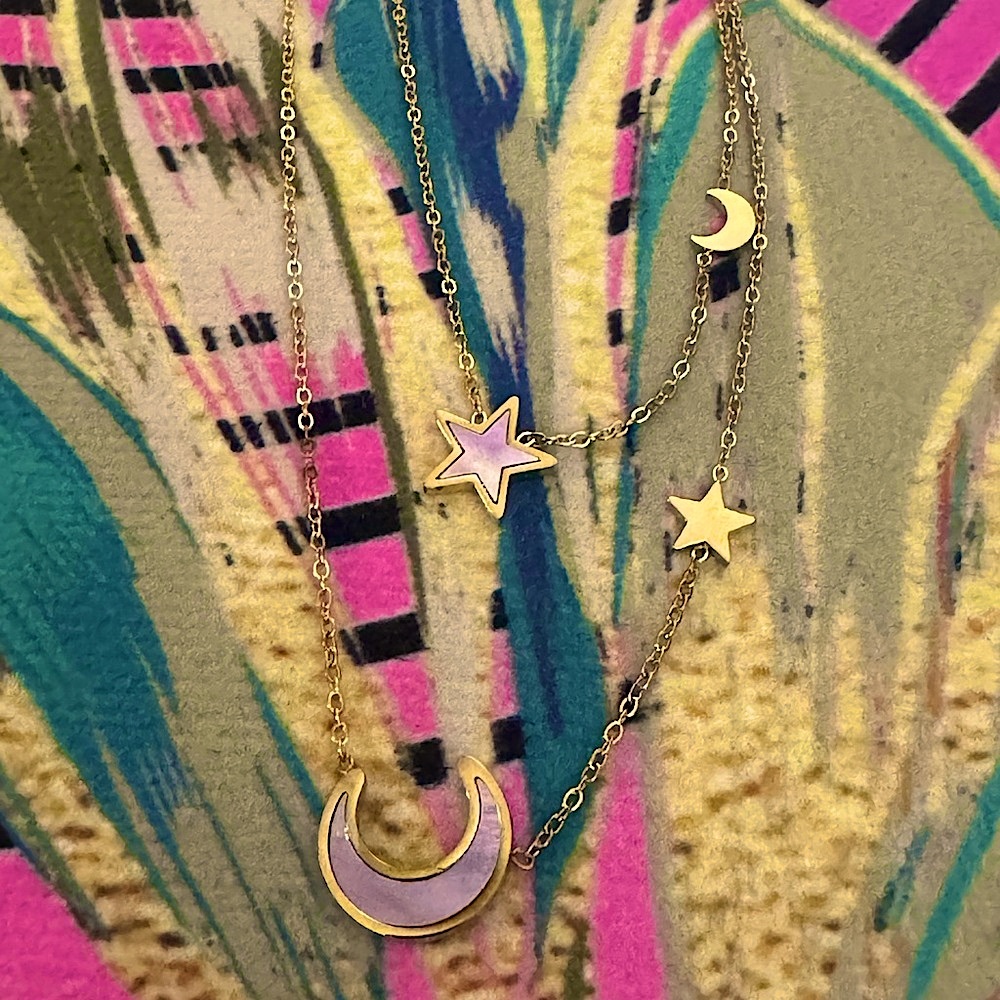 Gold and Purple Moon and Star Necklace